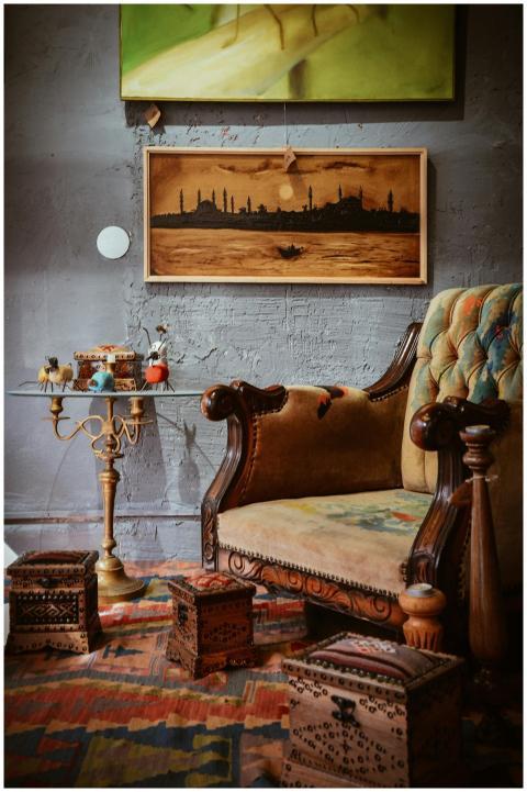 Cozy living room with a vintage armchair, artistic