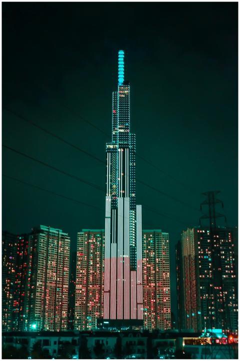 Illuminated Landmark 81 skyscraper in Ho Chi Minh