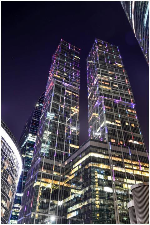 A stunning night view of illuminated skyscrapers i