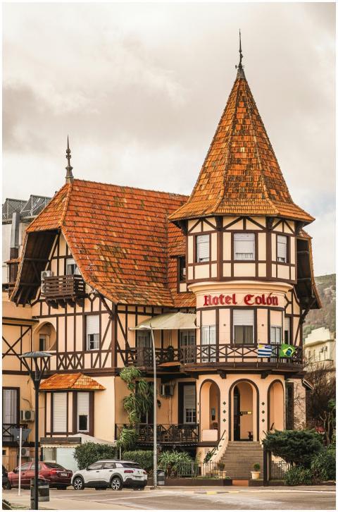 Tudor-style architecture of Hotel Colón with vinta