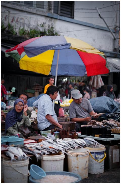 Bustling street market in Jawa Barat, Indonesia wi
