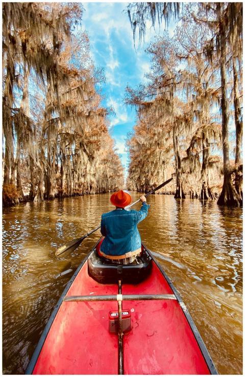 Person paddling a red canoe through the captivatin