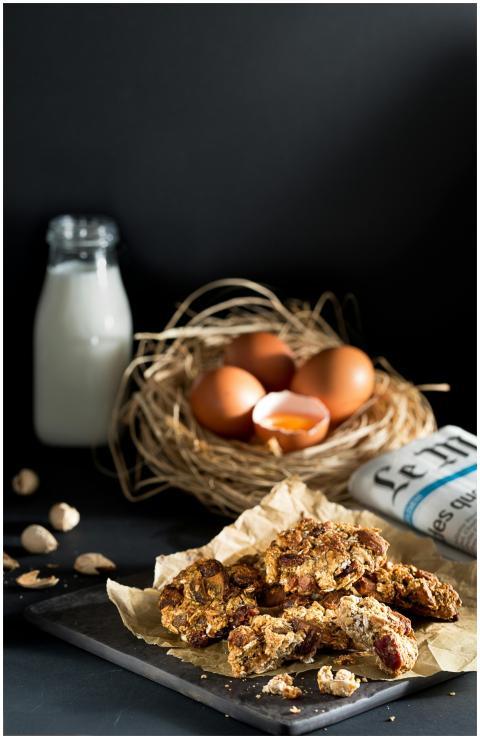 A cozy breakfast scene featuring cookies, eggs, an