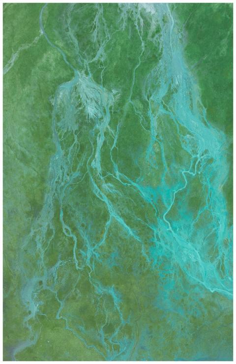 An aerial view showcasing abstract river-like patt
