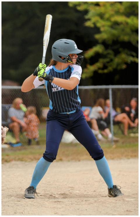 A determined softball player in full uniform prepa