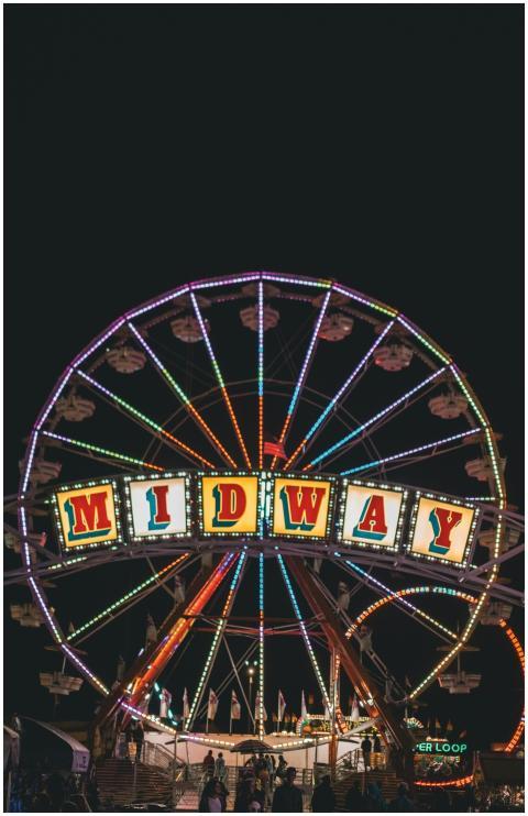 A vibrant Ferris wheel lit up at night at a fairgr