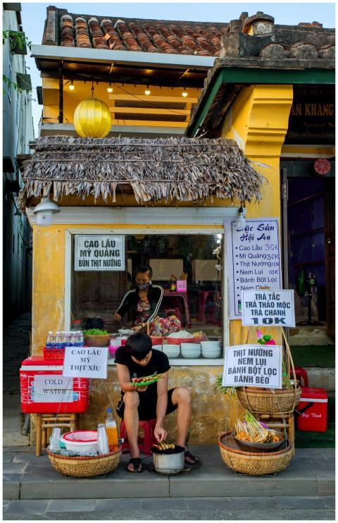 Authentic street food stall in Hội An, featuring l
