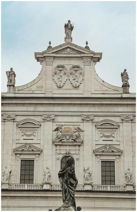 Detailed view of a historic Baroque facade with st