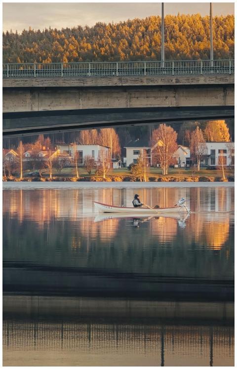 A serene river view with a lone rowboat under a br