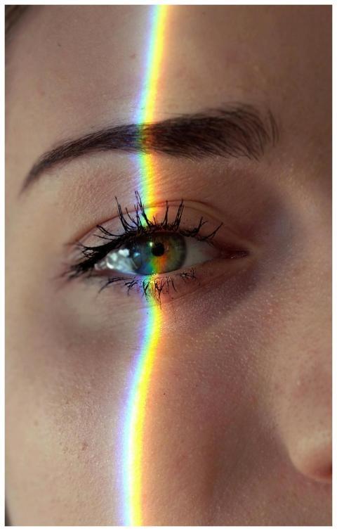 Closeup of crop anonymous sad female with green ey