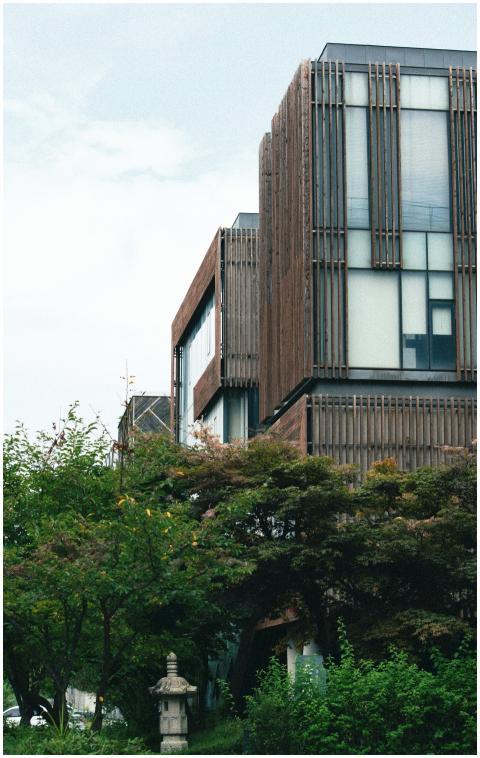 Contemporary building with wooden facade in a lush