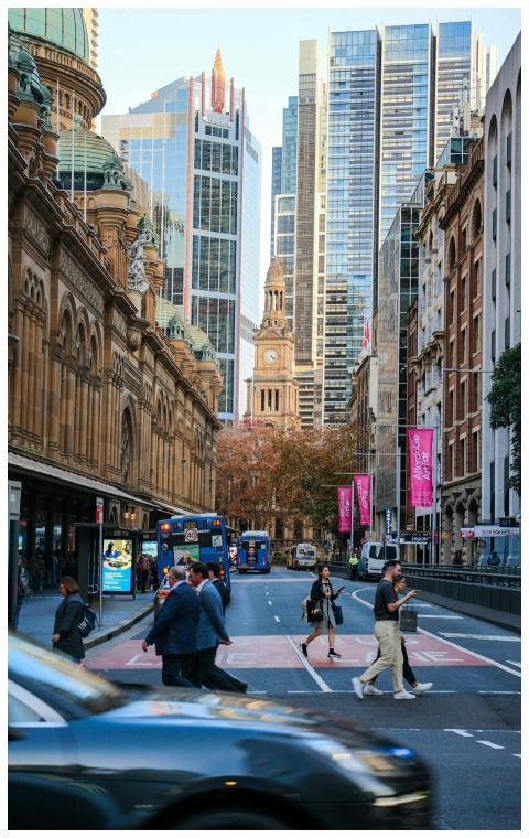 Vibrant Sydney street scene featuring iconic archi