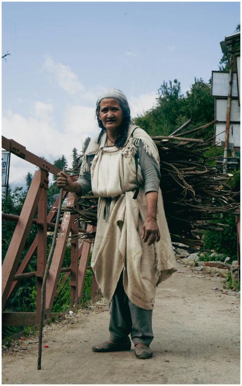 An elderly woman carries firewood along a rural pa