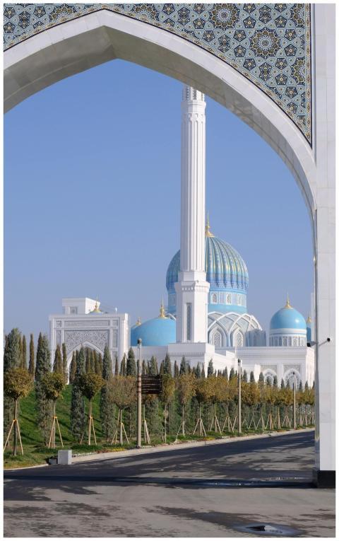 Stunning view of a blue domed mosque framed by an