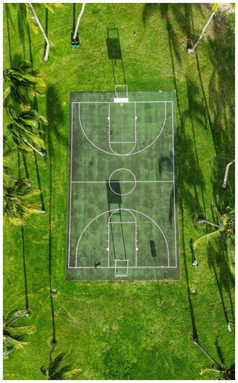 Top-down aerial view of a basketball court surroun