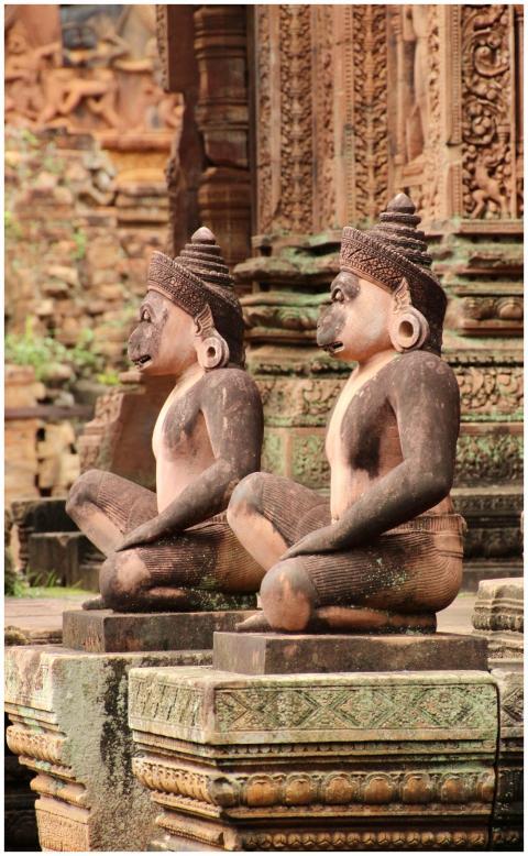 Intricately carved monkey statues at a historic Hi