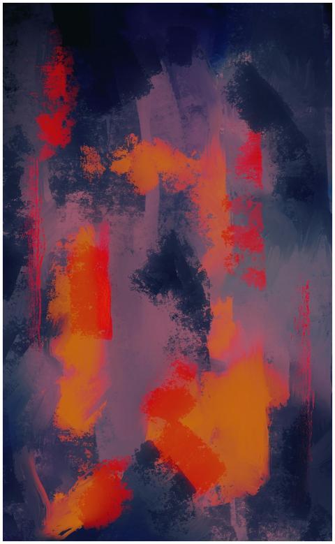 Dynamic abstract artwork featuring vibrant red and