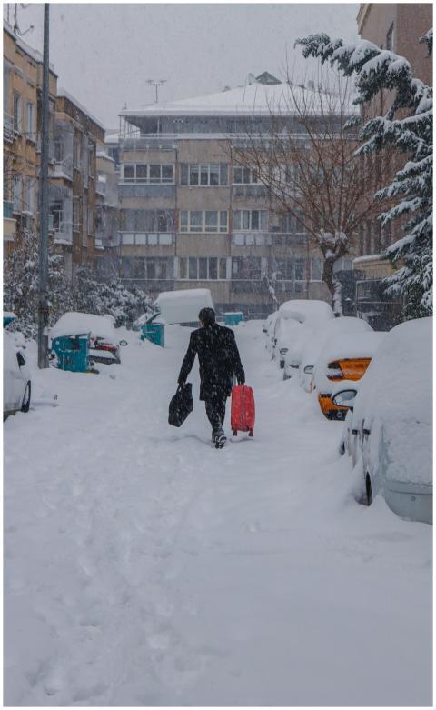A person carries suitcases through a snowy street