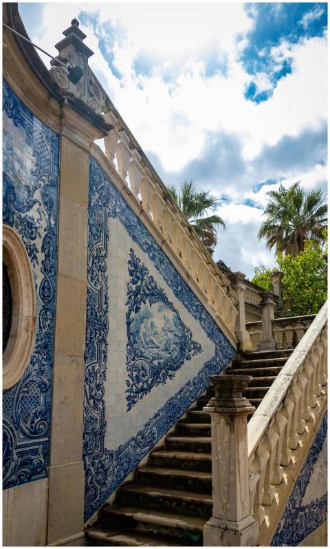 Stunning azulejos tiles adorn a staircase in Estoi