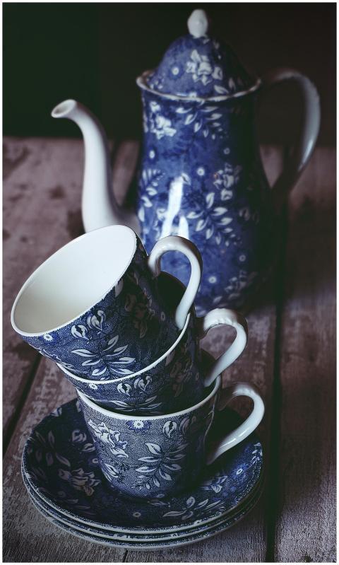 Elegant blue floral porcelain tea set with teapot