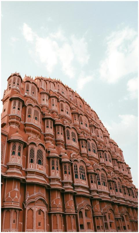 A low-angle view of Hawa Mahal showcasing its uniq