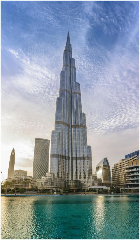 Majestic Burj Khalifa against a bright blue sky re