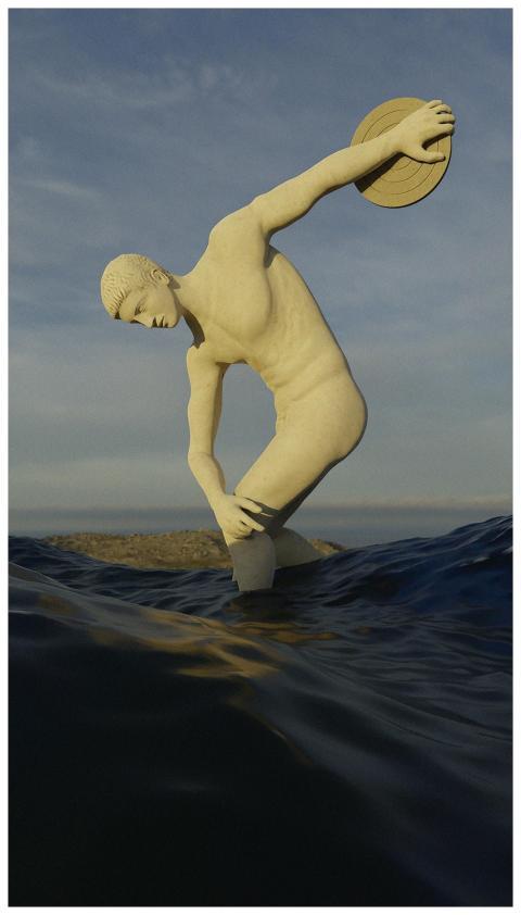A Greek discobolus statue rising from the sea agai