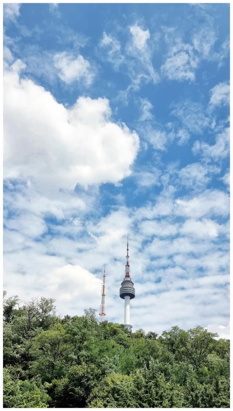 The iconic Namsan Tower in Seoul rises above a lus
