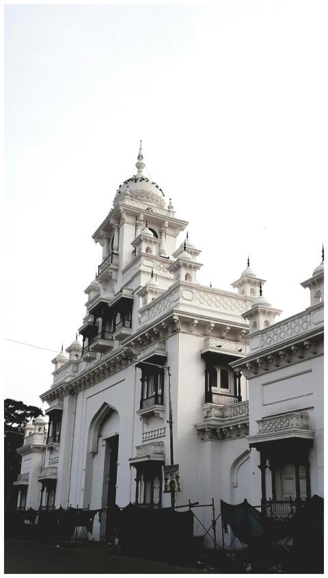 Vertical view of the Chowmahalla Palace clock towe