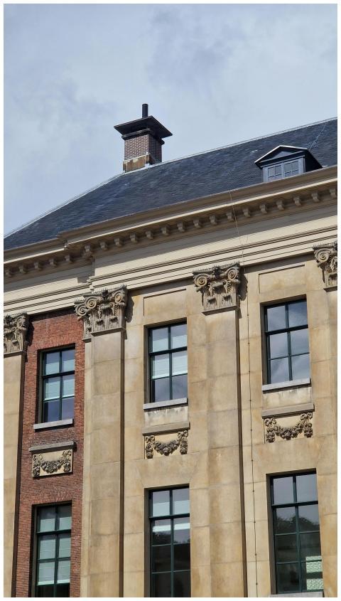 A detailed view of a historical building facade sh