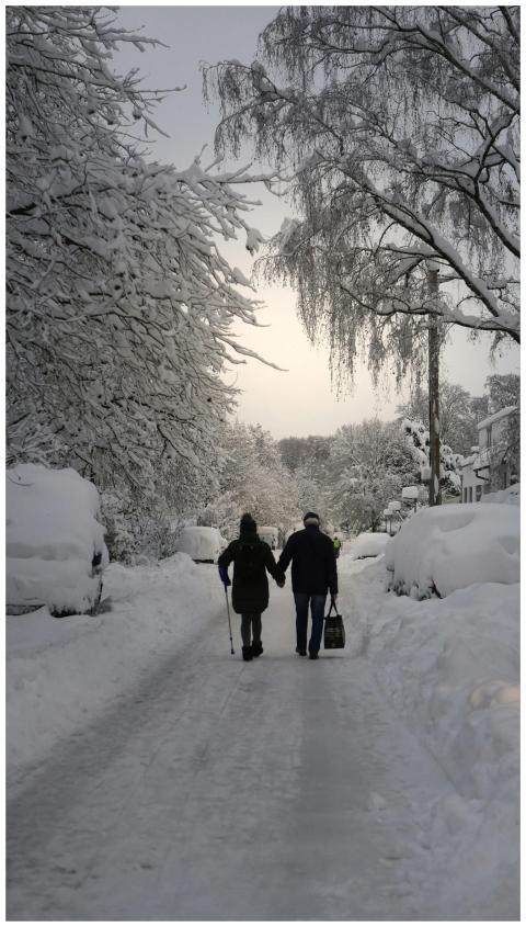 A couple holding hands on a snow-covered street li
