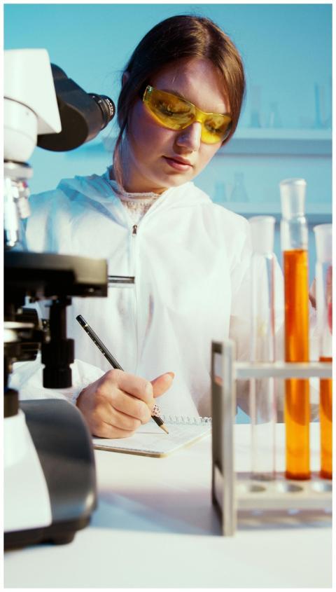 A female scientist writes notes in a lab among tes