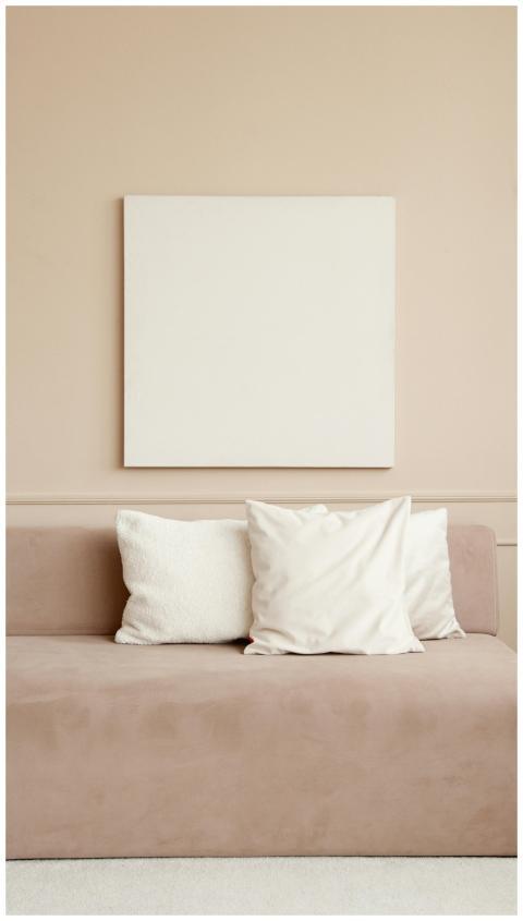 A minimalist living room with a beige sofa and a b