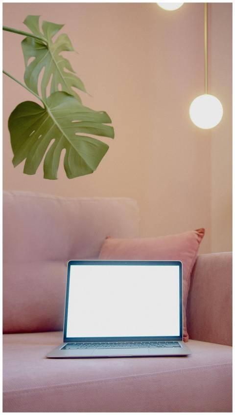 A minimalist setup featuring a laptop with a blank