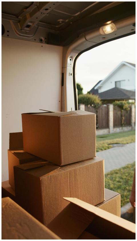 View inside a delivery van with stacked cardboard