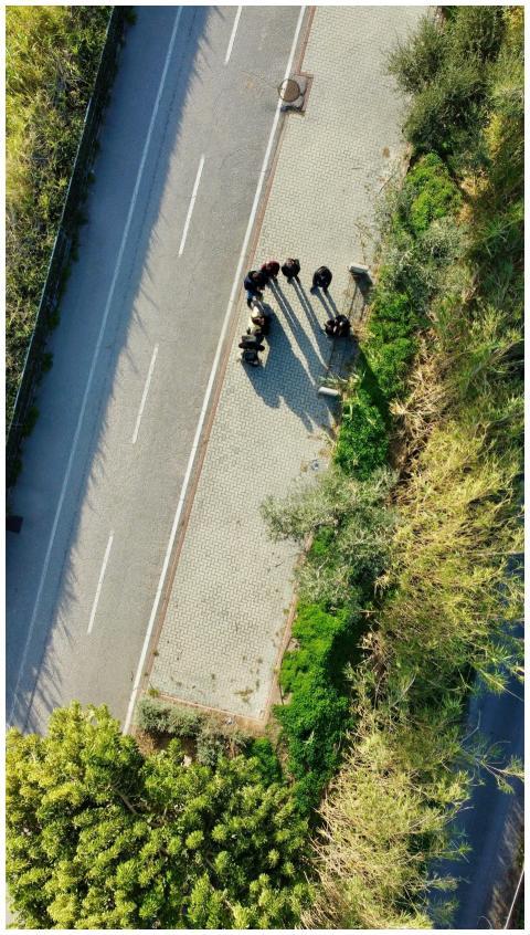 Drone view of people casting long shadows on road