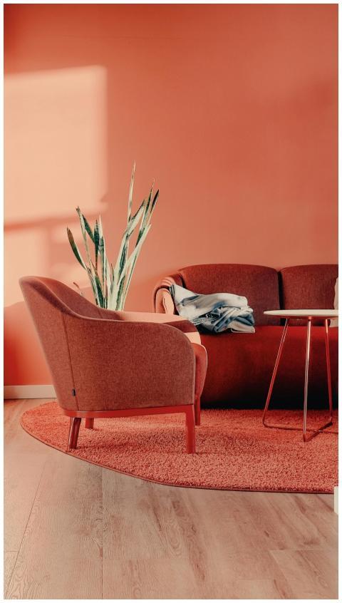 A stylish minimalist living room with peach walls