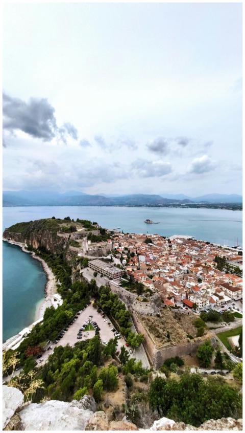 Scenic aerial view of Nafplio, Greece featuring th