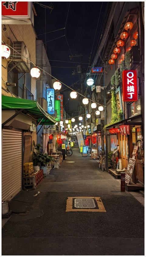 Illuminated night alley in Kita Ward, Tokyo, showc
