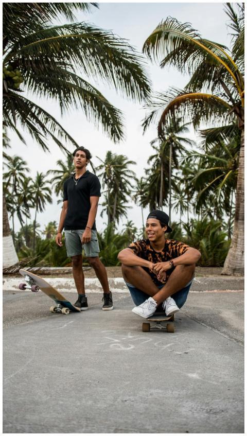 Two young men enjoying skateboarding in a tropical