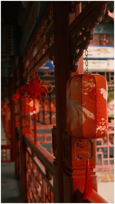 Close-up view of vibrant red lanterns hanging in t