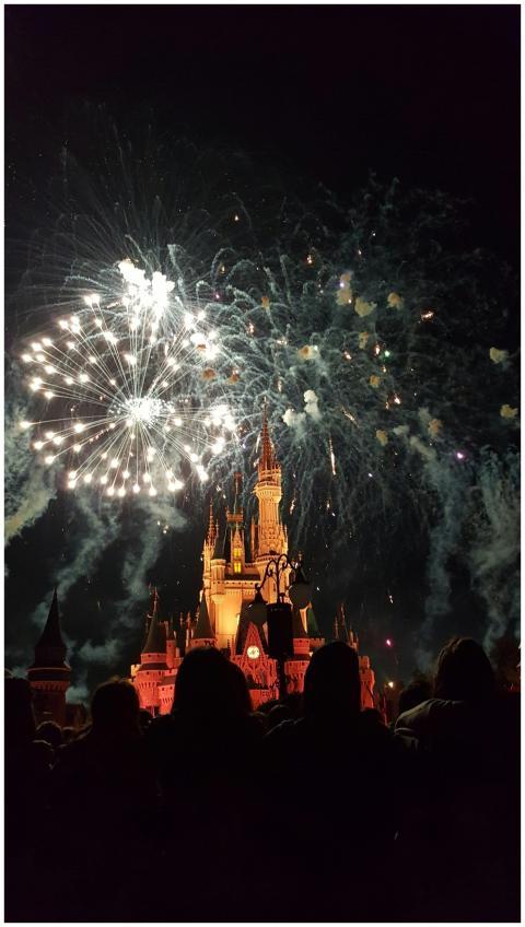Festive fireworks explode over a majestic castle,