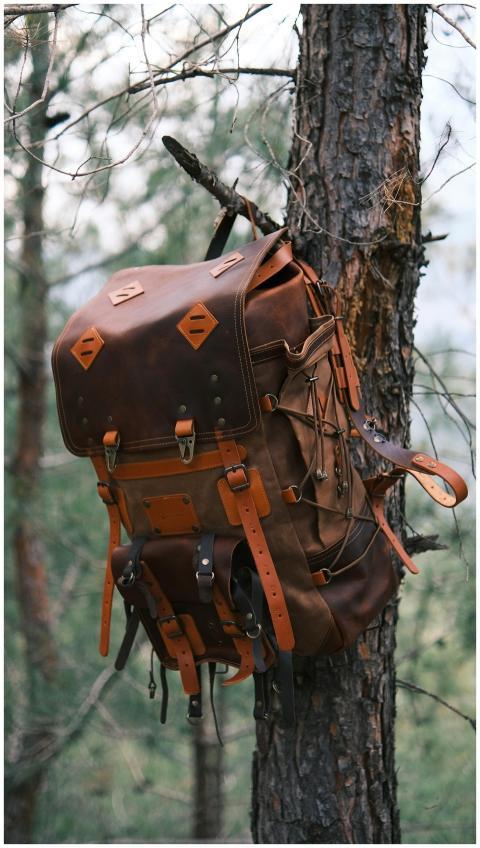A rustic leather backpack hangs on a tree in a for