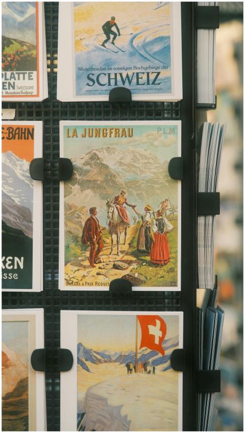 A collection of vintage Swiss travel posters showc