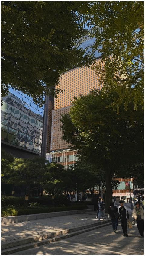 Vibrant street scene in Seoul, showcasing tall sky