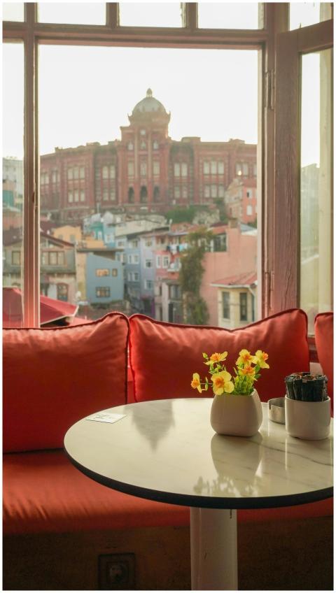 Cozy café setting with a stunning view of historic