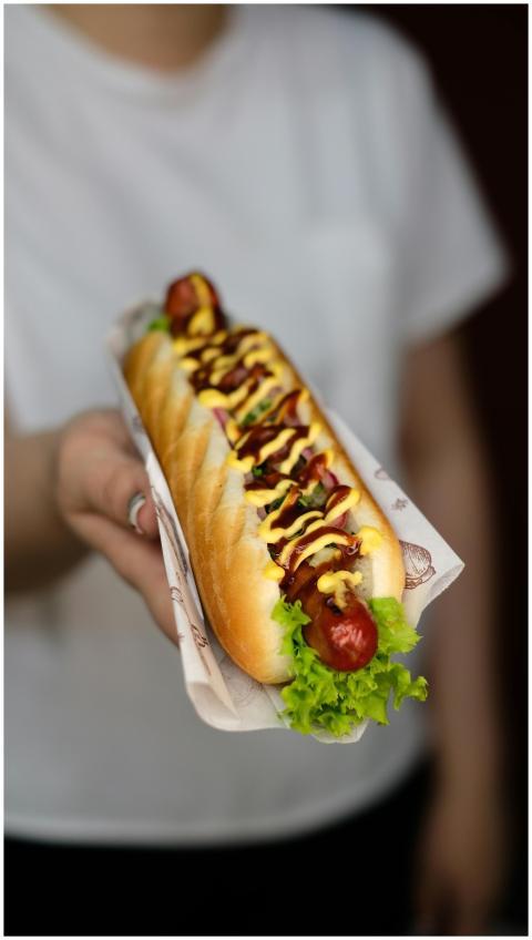 Delicious gourmet hot dog with mustard and ketchup