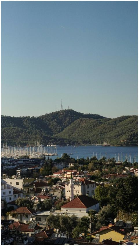 Aerial photo showcasing Fethiye harbor, buildings,