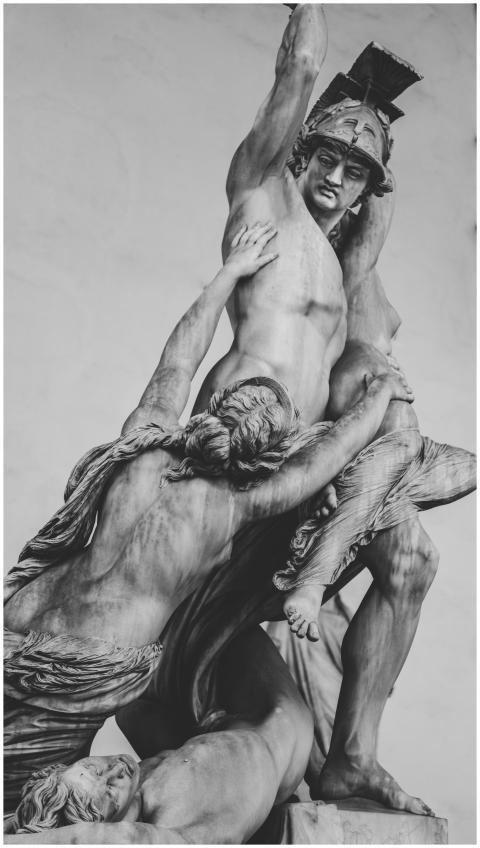 Black and white photo of a classical marble sculpt