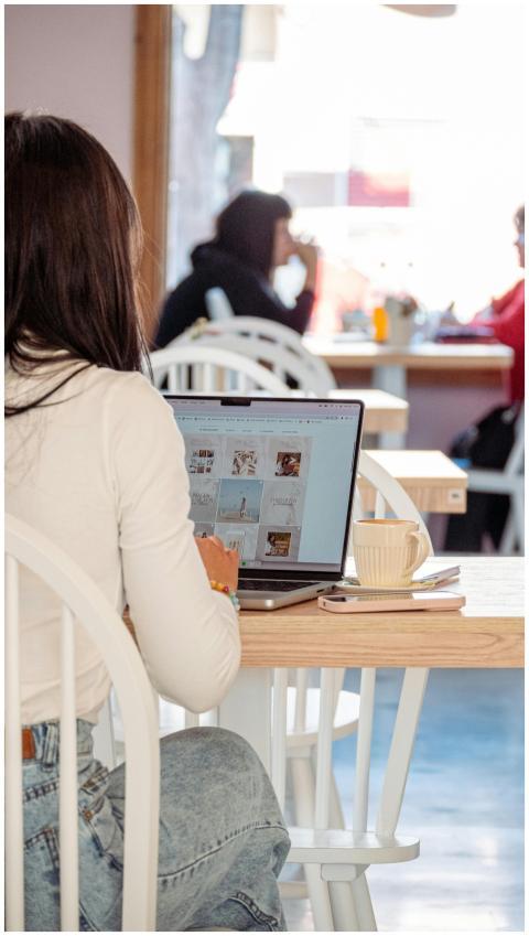 A woman using a laptop in a cozy cafe, illustratin